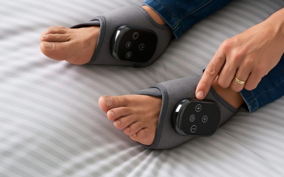 The Foot Companion wrap shown open, with its adjustable strap and control buttons